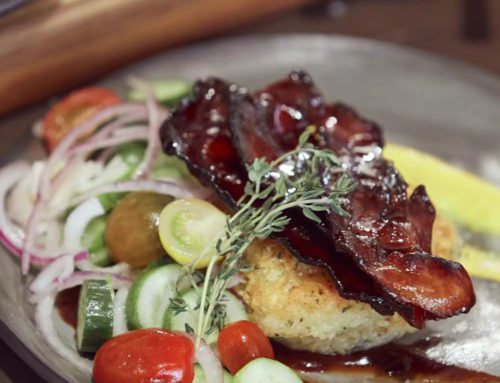 Potato and Cheese Waffle, Crispy Honey-Glazed Bacon and Warm Tomato Salad