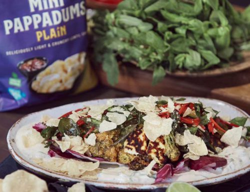 Grilled Tikka Salad of Broccolini, Treviso and Paneer, Mango and Ginger Yoghurt with Lentil Chips