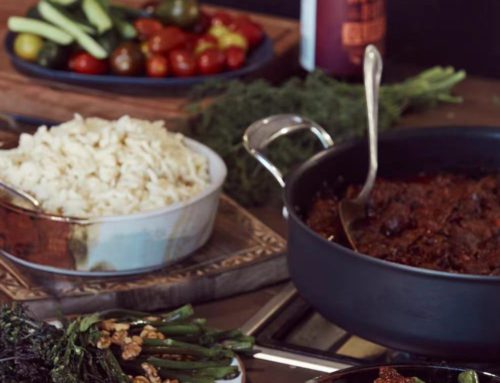Mahrapörkölt: Carpathian Beef and Onion Stew with Fried Brussel Sprouts and Walnuts