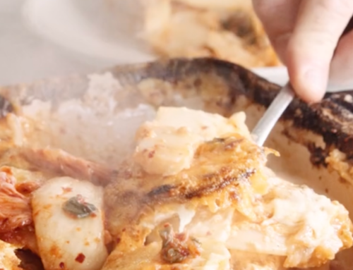 Cheesy Potato, Daikon & Kimchi Gratin